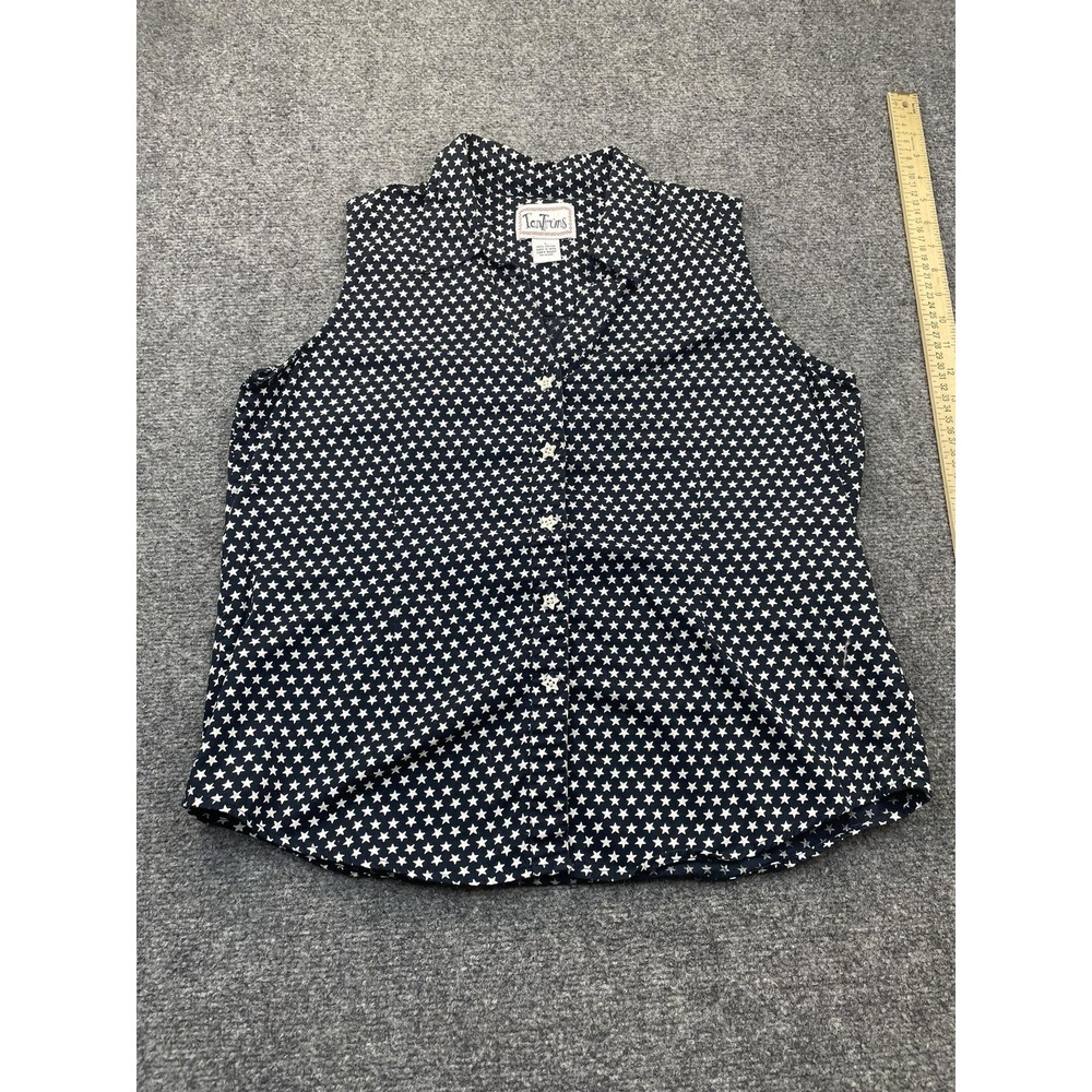 TanTrums Navy Blue White Star Print Sleeveless Button Up Cotton Blouse Large
